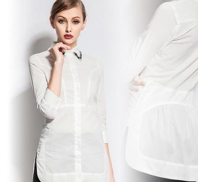 2015春新款女裝 翻領(lǐng)訂珠七分袖修身氣質(zhì)中長(zhǎng)款女式襯衫